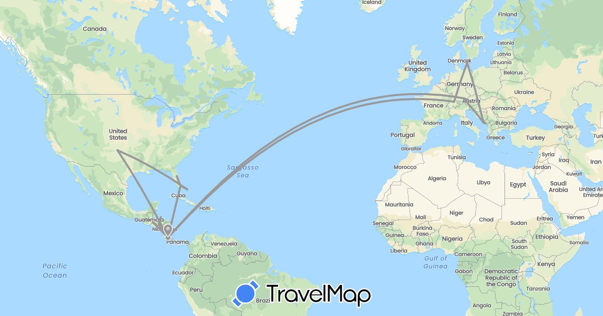 TravelMap itinerary: driving, plane in Austria, Bosnia and Herzegovina, Bahamas, Switzerland, Costa Rica, Germany, Denmark, Honduras, Croatia, Montenegro, Sweden, United States (Europe, North America)